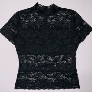 SOLD - Guess black stretch lace short sleeve mock neck top